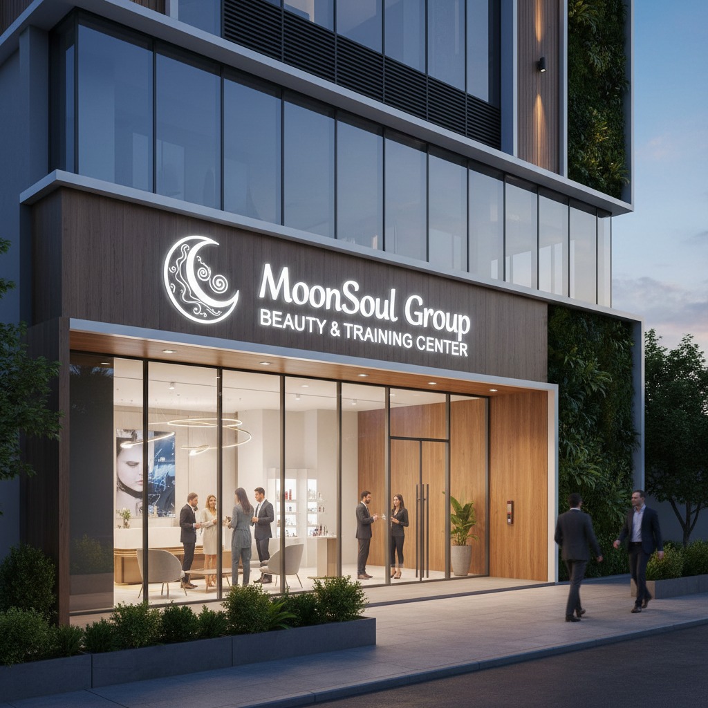 Generate a corporate image to match a beauty industry plus training center concept, brand name is MoonSoul Group logo
